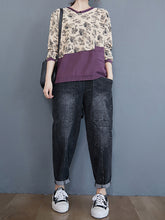 Women Retro Floral Contrast Stitching Sweater